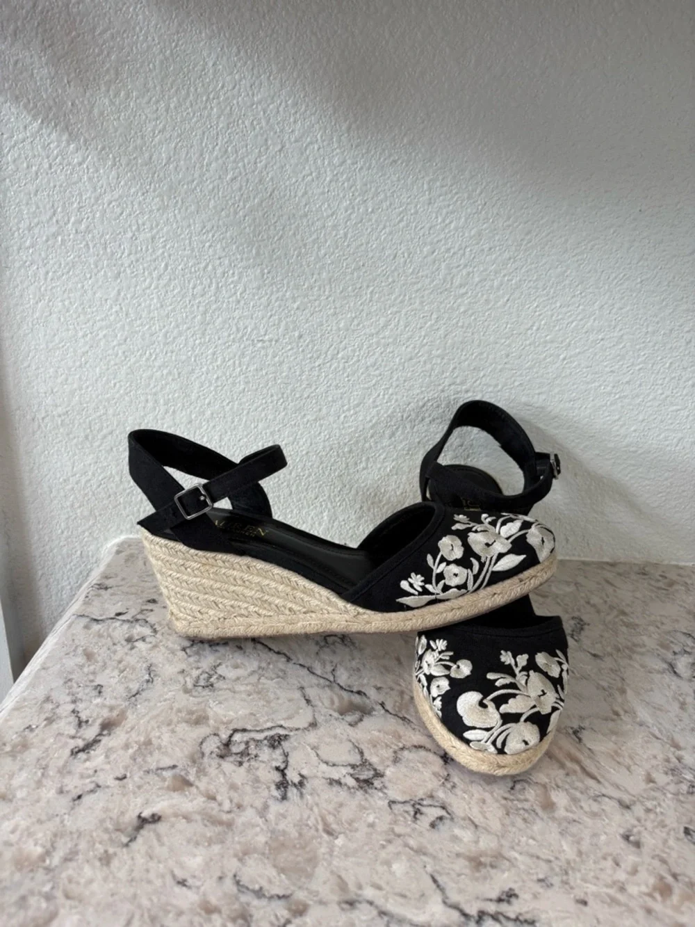 Lauren Ralph Lauren Black Espadrille Wedges with White Floral Embroidery